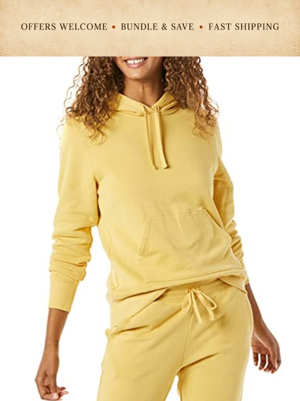 Brushed Fleece Pullover Hoodie Kangaroo Pocket Rib Cuffs Casual